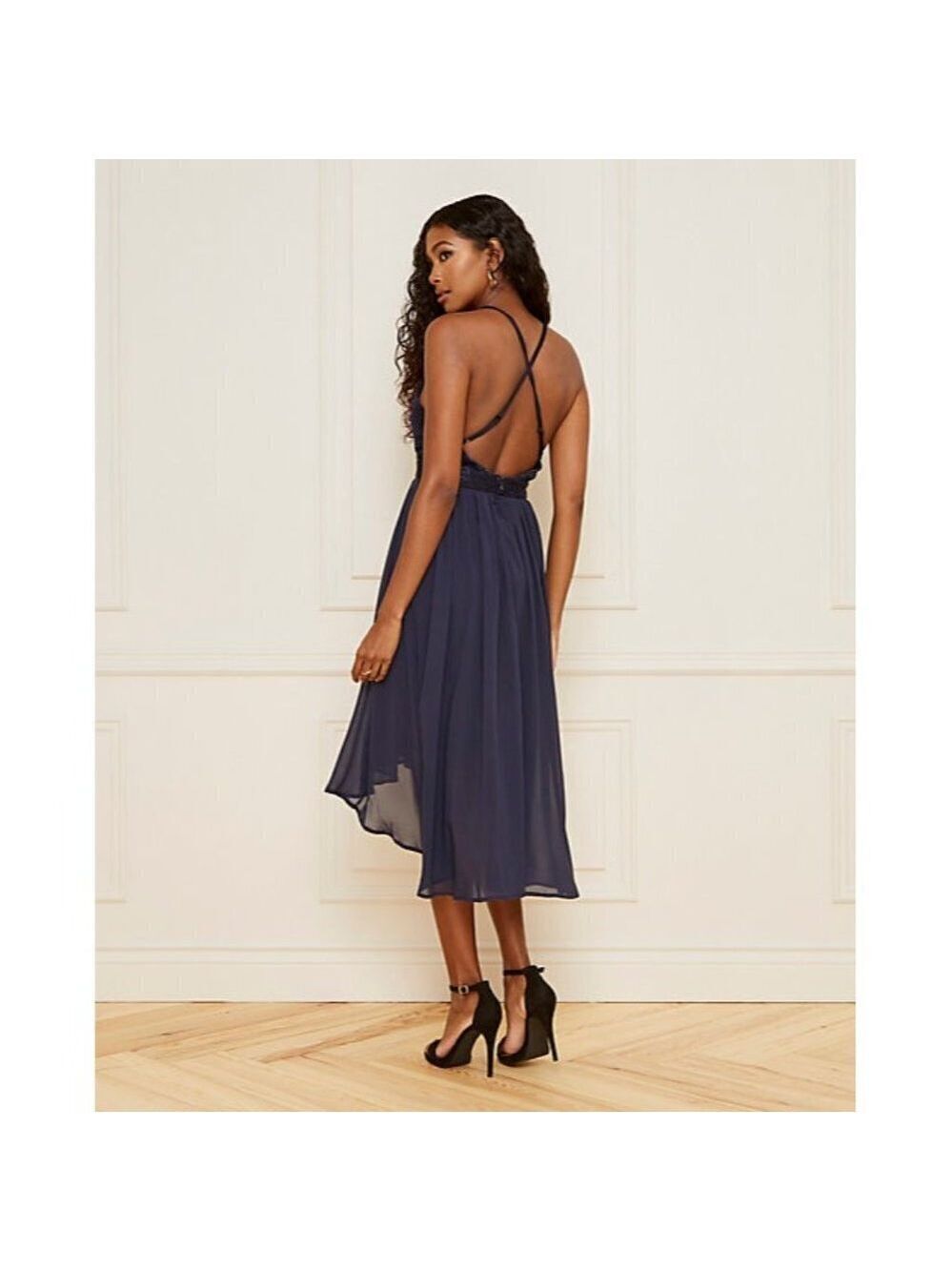 Le Chateau Navy Blue Metallic Knit Deep-V Fit & Flare Dress Size XXL - Picture 4 of 7
